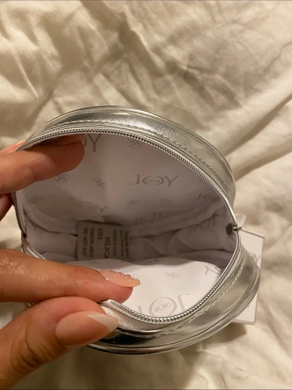 Dior Metallic Silver Round JOY Cosmetic Pouch & Dior Fragrance Set